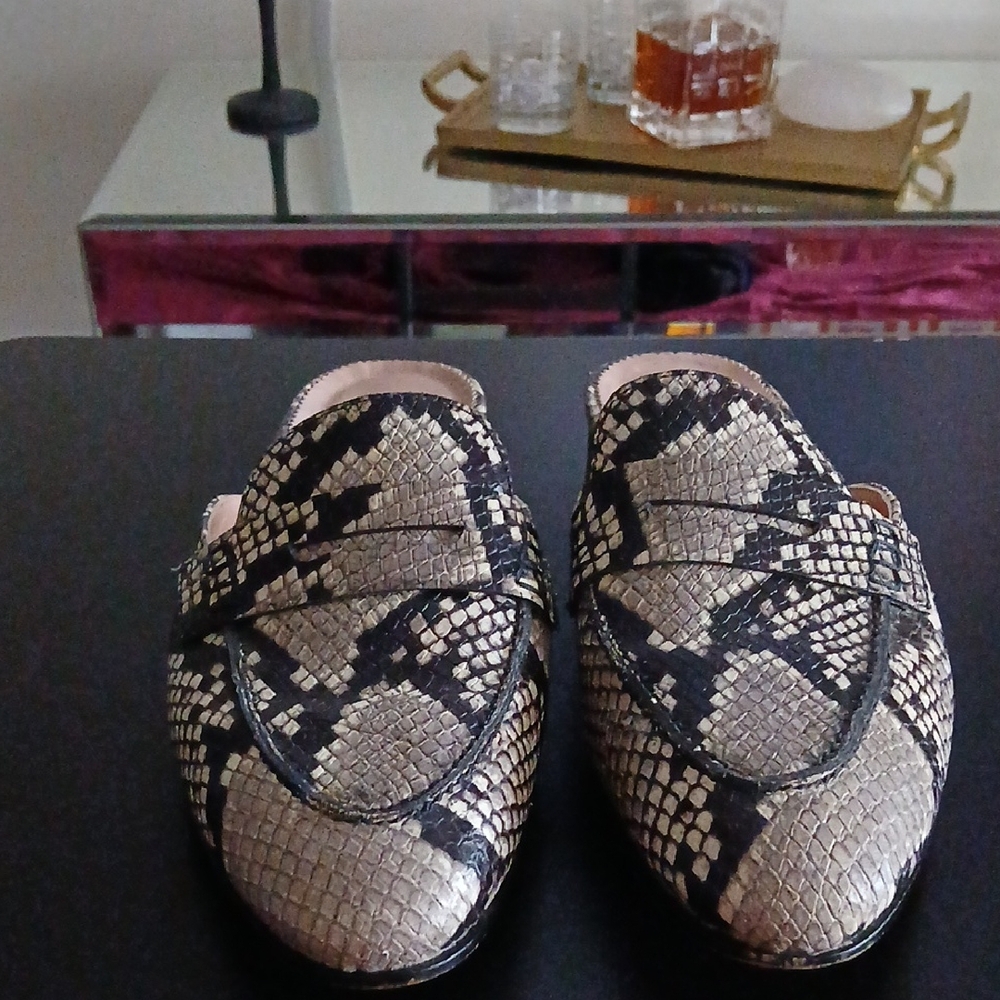 J. Crew Black and Cream Snakeskin Mules